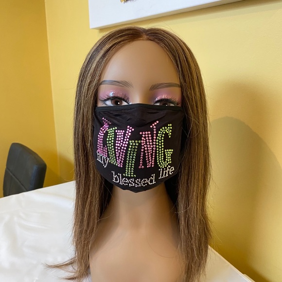 Living My Blessed Life Bling Rhinestone Face Mask Pink and Green - Picture 3 of 8
